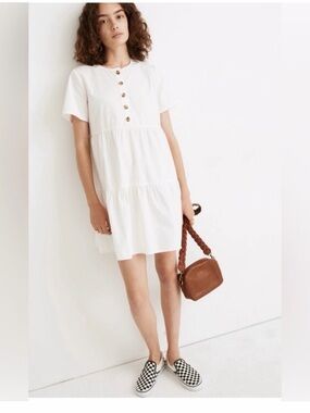 Madewell White Short-Sleeve Button Front Tiered Dress